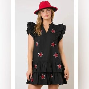 NWT Altar'd State Black Ruffle Dress with Red Sequin Stars College Football $92